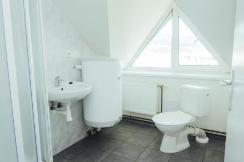 a white bathroom with a toilet and a sink at Guest House Na Hřišti in Leština