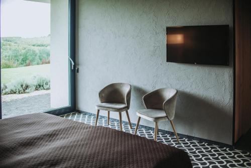two chairs sitting in a room with a tv at Lajvér Borbirtok in Szálka