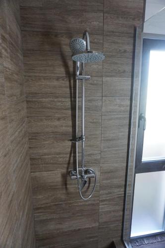 a shower in a bathroom with a wooden wall at Pensiunea Patru Anotimpuri in Sasca Română