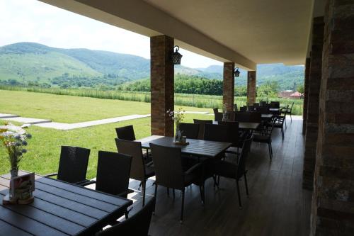 a restaurant with tables and chairs with mountains in the background at Pensiunea Patru Anotimpuri in Sasca Română