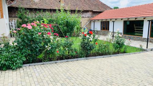 a garden with pink roses in front of a house at Casa "La Moara din Grădină" in Eftimie Murgu