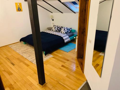 a bedroom with a bed and a mirror at Casa "La Moara din Grădină" in Eftimie Murgu