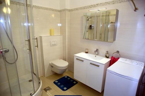 a bathroom with a shower and a toilet and a sink at Apartment Panorama in Poreč