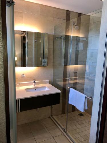 a bathroom with a sink and a shower at Coastlands Musgrave Hotel in Durban