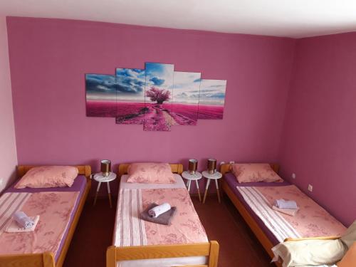 Studio apartman CENTAR في أوغولين: غرفة بسريرين ولوحة على الحائط