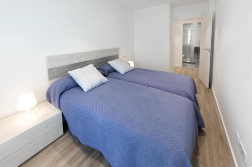 a bedroom with a large bed with a blue blanket at Apartamentos LA CATEDRAL 1ºA in Logroño
