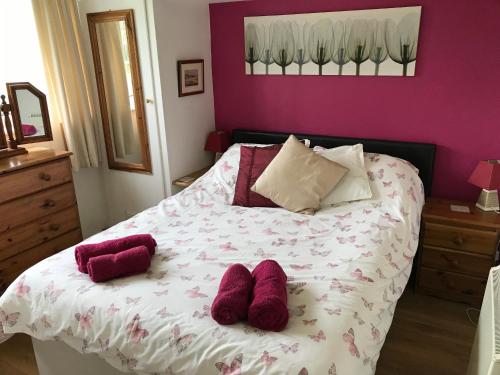 - un lit avec des murs violets et des oreillers violets dans l'établissement Number 43 The Gower Holiday Village, à Swansea