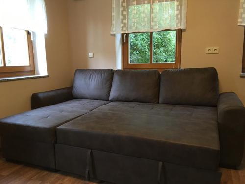 a brown leather couch in a living room with two windows at Ferienwohnung "Zur Wilke" in Stadt Wehlen