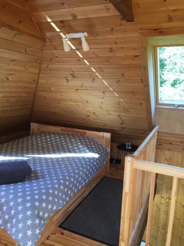 a bed in a log cabin with a window at UpeNes in Lubāna