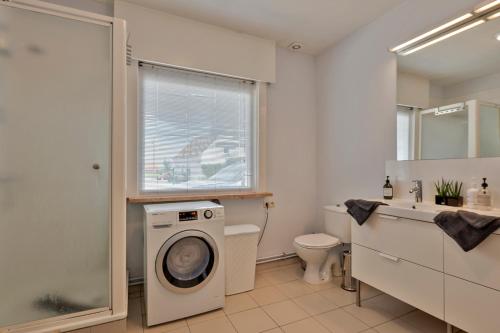 a bathroom with a washing machine and a toilet at Vlaeberg Cottage in Kortemark
