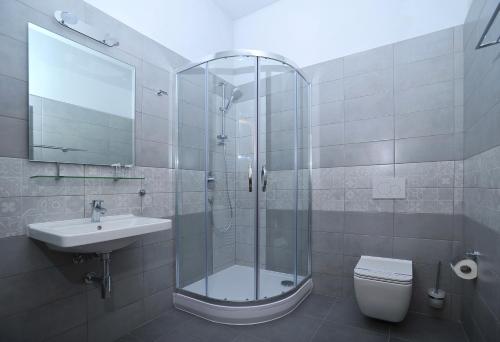 a bathroom with a shower and a sink and a toilet at Penzion Královské lázně in Poděbrady