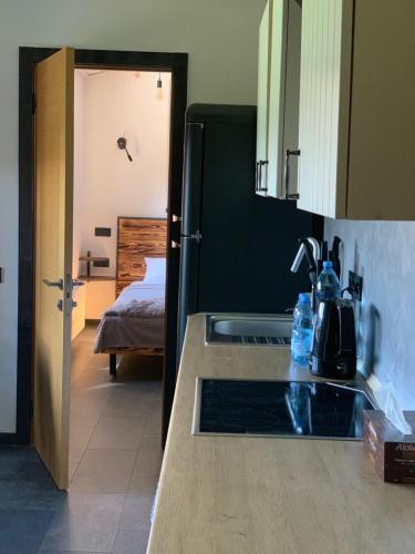 a kitchen with a sink and a room with a bed at Air Loft Apartment in Kyiv