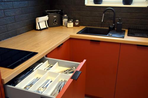 a kitchen with a sink and a drawer with utensils at W&K Apartments - Ginger Suite - Faktura VAT, Parking in Koszalin