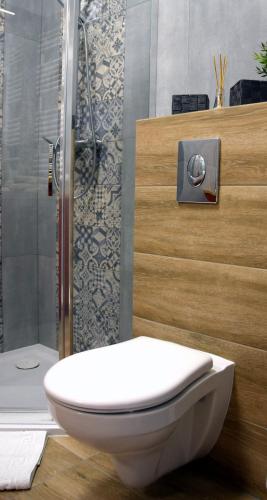 a bathroom with a toilet and a shower at W&K Apartments - Ginger Suite - Faktura VAT, Parking in Koszalin