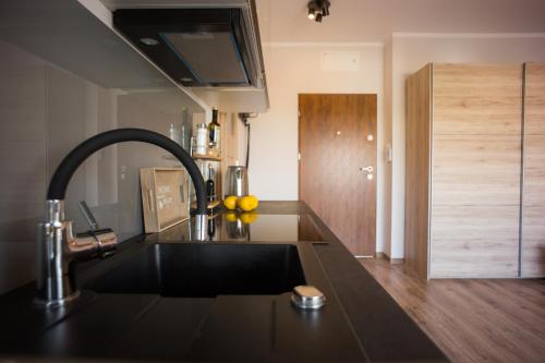 cocina con fregadero y grifo en Atrium Apartment z garażem, en Toruń