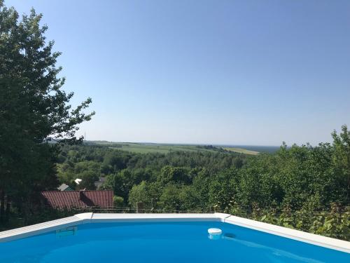 a swimming pool with a view of the hills at Polana in Lipowiec