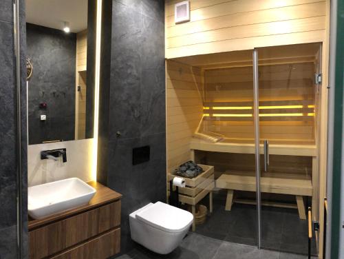 La salle de bains est pourvue de toilettes, d'un lavabo et d'une douche. dans l'établissement Kite Apart, à Mechelinki