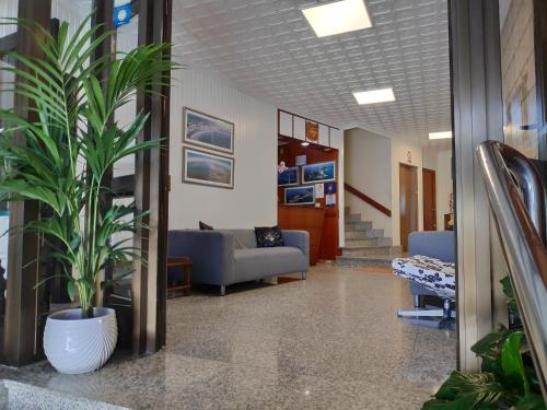 un pasillo del hospital con una maceta en una olla en Hotel Nuevo Cachalote, en Portonovo