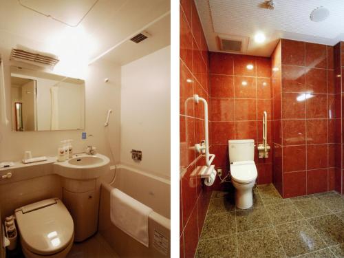 two pictures of a bathroom with a toilet and a sink at Kuretake-Inn Hamamatsu Nishi I.C. in Hamamatsu