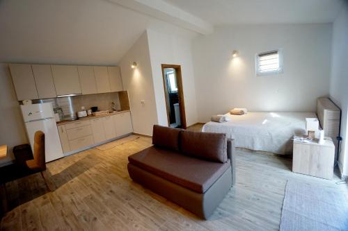 Apartments Sanja في يزيرا: غرفة نوم بسرير واريكة ومطبخ