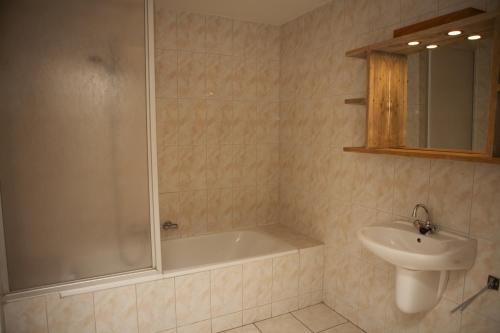 a bathroom with a tub and a sink and a shower at Ganzebeek 14 pers. bungalow in Voorthuizen