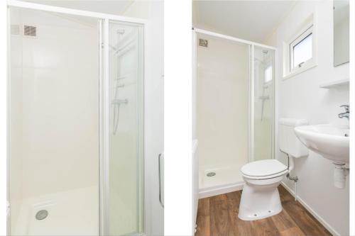 a white bathroom with a toilet and a sink at HH Reeënchalet in De Hutte