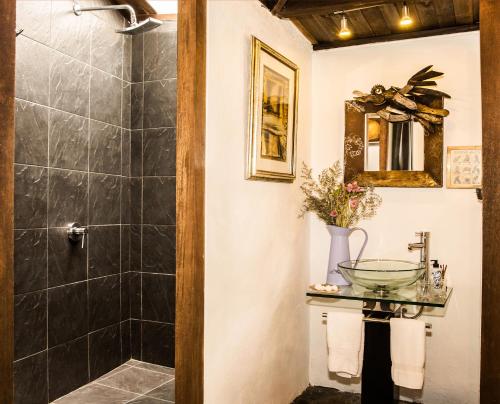 a bathroom with a shower and a glass table at La Colina Hotel Cottage in Bogotá