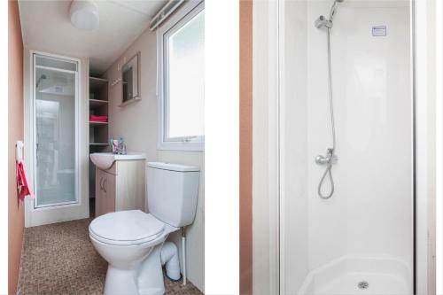 two pictures of a bathroom with a toilet and a shower at MB Zeeuwse Mobile Home in Hoek