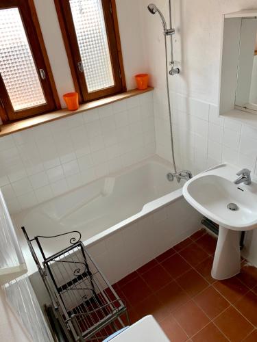 une salle de bain avec une baignoire, un lavabo et une douche dans l'établissement Gite en Cevennes 4 personnes, à Ponteils-et-Brésis