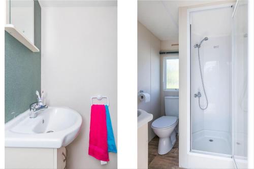 two images of a bathroom with a sink and a shower at RA Reeënveld Mobile home in Arnhem