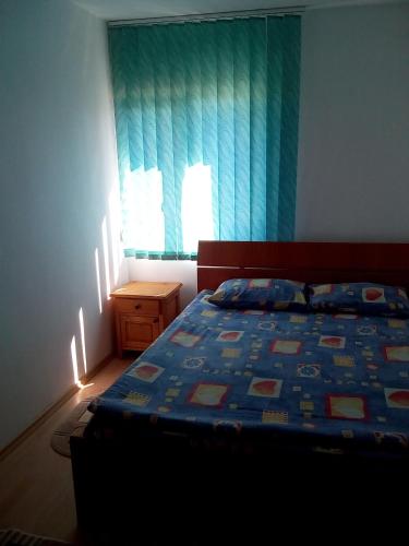 a bedroom with a bed with a blue comforter and a window at Vila Andre in 2 Mai