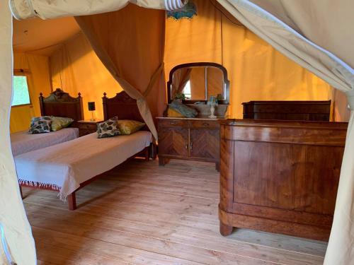 a bedroom with two beds and a dresser and a mirror at Le lodge de La Boissière in Andillac