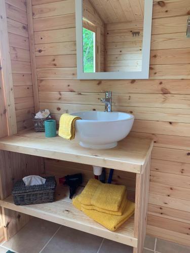 La salle de bains est pourvue d'un lavabo sur un mur en bois. dans l'établissement Le lodge de La Boissière, à Andillac