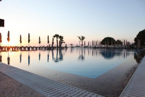 a pool of water with palm trees and a sunset at Hotel GRINT in Golem