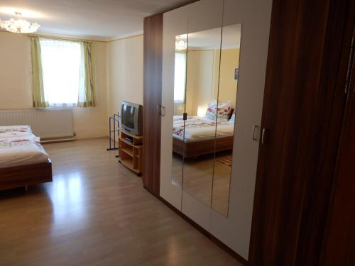 a bedroom with a mirror and a bed and a television at Ferienwohnungen Strohmayerhof in Rastenfeld