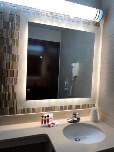 a bathroom with a sink and a large mirror at Howard Johnson by Wyndham North Bergen in North Bergen