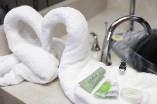 a couple of towels sitting on a bathroom counter at Fullerton Manor Inn in Niagara Falls