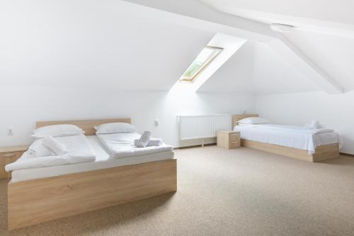 a bedroom with two beds and a skylight at Pension Verona Centru in Cluj-Napoca