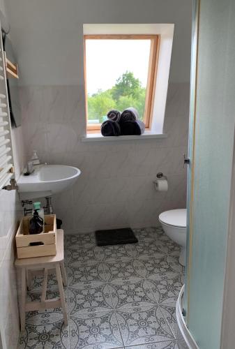 a bathroom with a sink and a toilet and a window at Beltes Guest House in Jūrmala