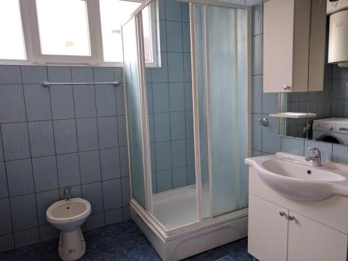 een badkamer met een douche, een wastafel en een toilet bij Apartman prvi red do mora in Crikvenica