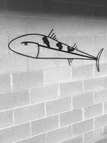 a drawing of a fish on a brick wall at Pelican's Nest in Kalbarri