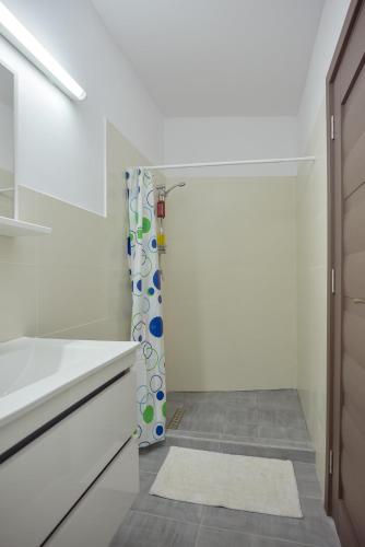 a white bathroom with a shower and a white sink at Casa Verona Centru in Cluj-Napoca