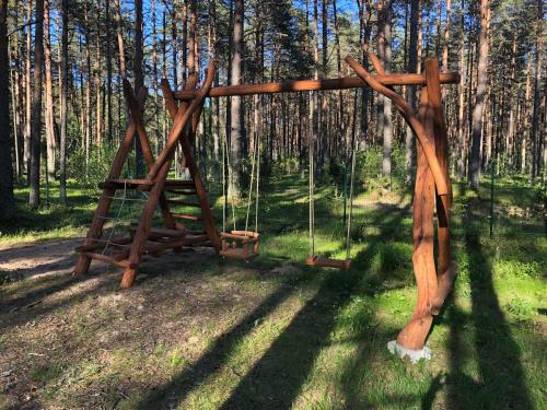 a swing set in the middle of a forest at Okka Holiday Home in Alajõe