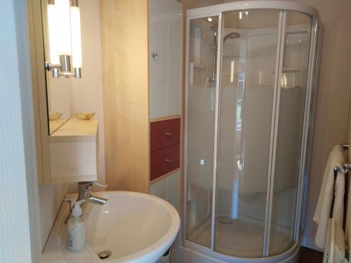 La salle de bains est pourvue d'une douche et d'un lavabo. dans l'établissement Izella, à Douarnenez