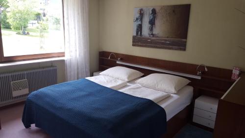 ein Schlafzimmer mit einem Bett mit einer blauen Decke und einem Fenster in der Unterkunft Apartments Almstein in Abtenau
