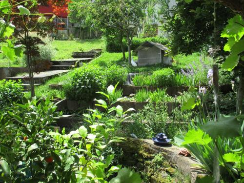 a garden with stone steps and a bird house at Ferienwohnung Wendel in Erbach im Odenwald