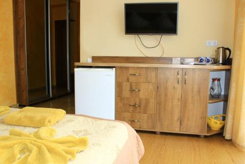 a room with a television and a kitchen with a refrigerator at Kvasova Voda in Polyana