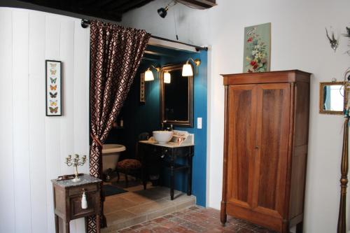 um corredor com uma casa de banho com um lavatório e um espelho em Le Boudoir d'artiste em Semur-en-Auxois