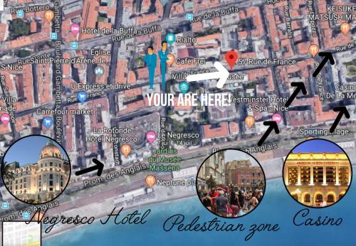 une carte d'une ville avec différentes villes dans l'établissement Nestor&Jeeves - BLEU AZUR VUE MER - Central - Very close sea, à Nice