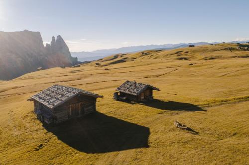 two small huts on a hill with a dog at Romantik Hotel Turm in Völs am Schlern